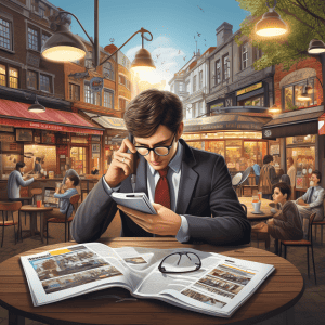 A man in a suit sitting at a table reading a newspaper.