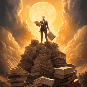 A man standing on top of a pile of books.