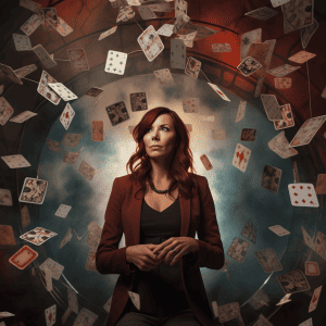 A woman sitting in a tunnel with playing cards flying around her.