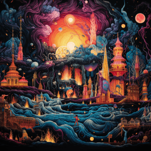 A painting of a city in the night sky.