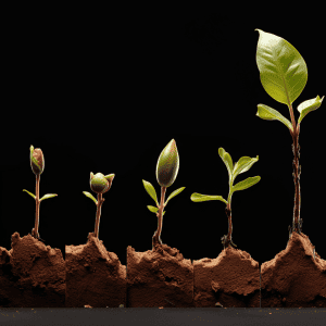 A group of plants growing out of dirt on a black background.