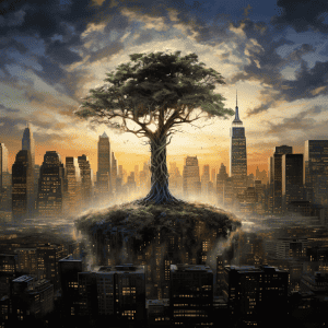 A tree sits on top of a cityscape.