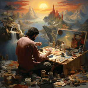 A man sitting at a desk painting a painting.
