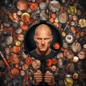 A man holding a magnifying glass in front of a group of objects.