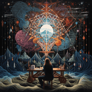 An illustration of a woman sitting at a table in front of a starry sky.