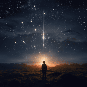 A man is standing in the middle of a field looking at the stars.