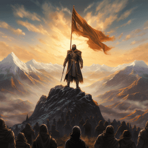 A man standing on top of a mountain holding a flag.