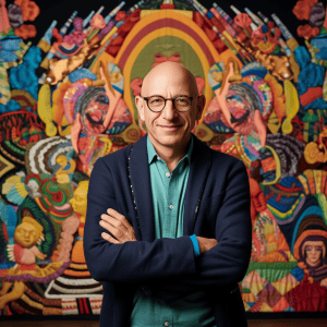 A bald man standing in front of a colorful painting.