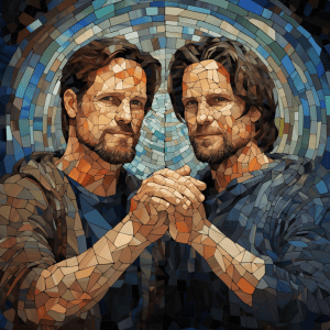 Two men standing in front of a mosaic.