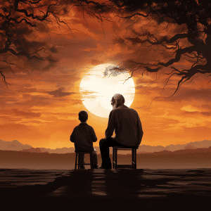 A man and a boy sitting on a bench in front of a sunset.