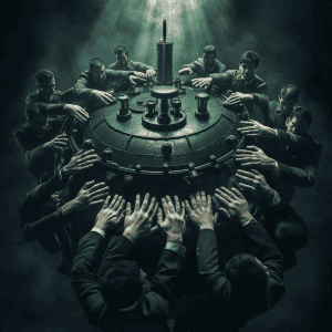 A group of people are gathered around a green machine.