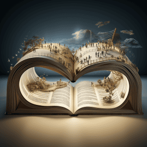 An open book with people in it.
