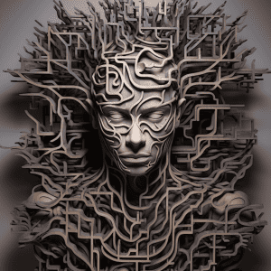 A woman's head made out of wires and circuits.