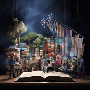 A group of people standing around an open book.