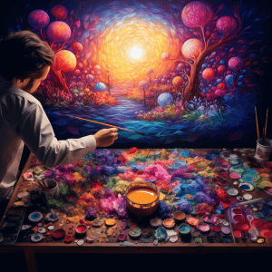 A man painting a colorful painting on a table.