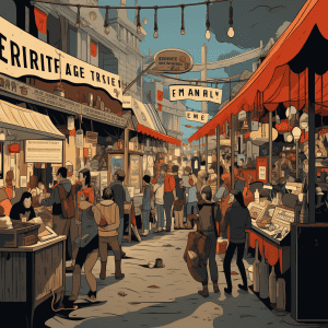 An illustration of a market with people walking around.