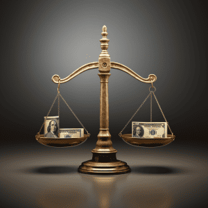 A balance scale with dollar bills on it.