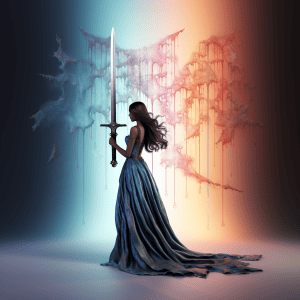 A woman holding a sword in front of a colorful background.