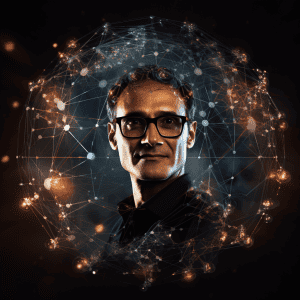 A man in glasses is standing in front of a network of dots.