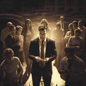 A group of people standing around a man holding a cell phone.