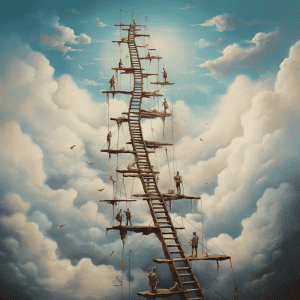 A painting of a ladder going up into the clouds.