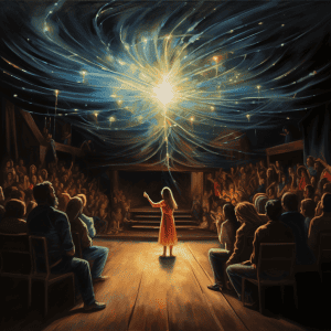 A painting of a girl standing in front of an audience.