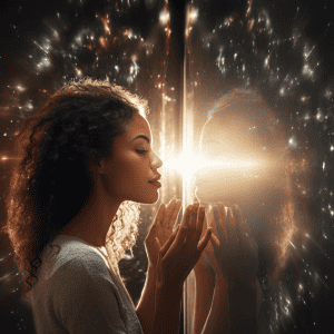 A young woman looking through a window at a starry sky.