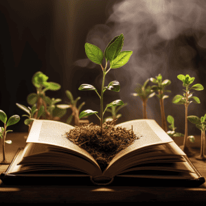An open book with a plant growing out of it.