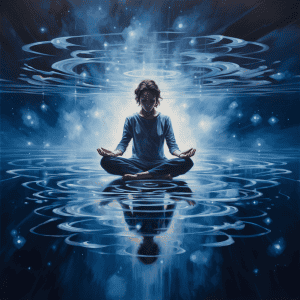 A painting of a woman meditating in the water.