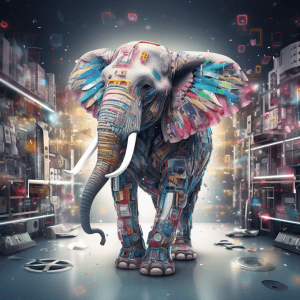 An elephant with colorful feathers walking through a city.