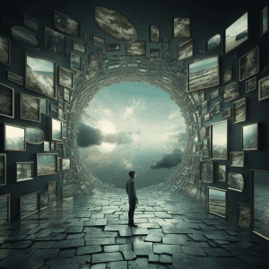 A man standing in a tunnel full of pictures.