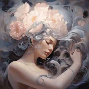 A painting of a woman with flowers on her head.