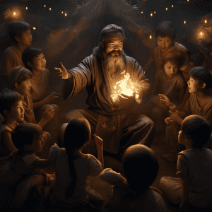 A man is holding a candle in front of a group of children.