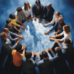 A group of business people holding hands around a globe.