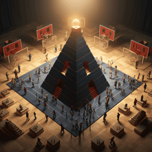 A pyramid with people standing around it.