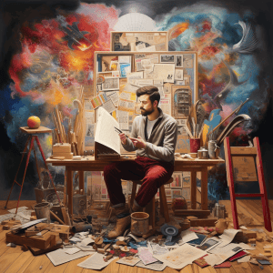 A painting of a man sitting at a desk.