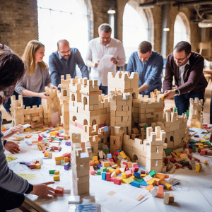 A group of people building a castle out of wooden blocks.