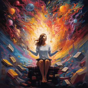 A painting of a woman sitting on a pile of books.