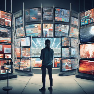 A woman is standing in front of a large number of televisions.