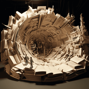 A large sculpture made of books in a dark room.