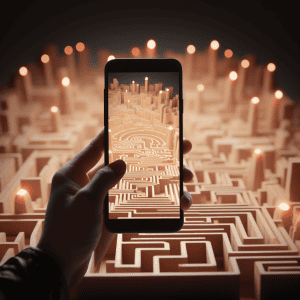 A hand holding a smartphone with a maze in the background.