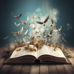 An open book with birds flying over it.