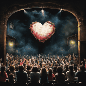 A large heart in the middle of a crowd of people.