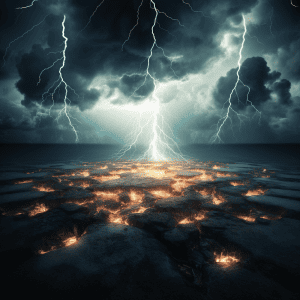 An image of a lightning storm over the ocean.