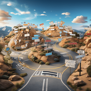 A 3d rendering of a road with signs on it.