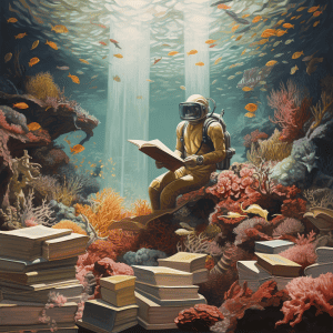 A scuba diver reading a book under the sea.