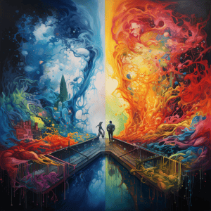 A painting of a man and a woman standing on a bridge.