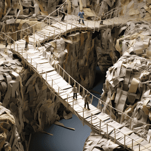 A group of people walking across a bridge made of paper.