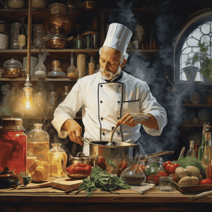 A chef is preparing food in a kitchen.