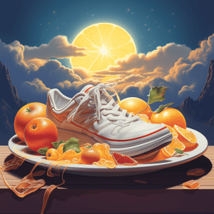 A plate with oranges and a shoe on it.